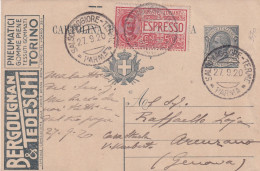 1919   Intero  Postale  15c Con I Pubblicità  BERGUGNAN & TEDESCHI PNEUMATICI PER AUTOMOBILE TORINO CON ESPRESSO - Voitures