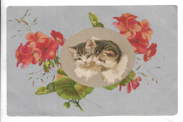 Cpa Precurseur  Chats  Et  Fleurs  Sur Fond Argente N0173 - Cats