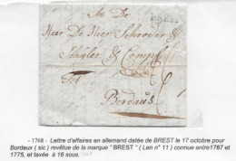 FINISTERE Lettre Marque Postale BREST 1768 écrite En Allemand P/ BORDEAUX - 1701-1800: Vorläufer XVIII