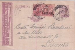 1921  INTERO Postale  25c Con  Pubblicità  FARI PER AUTOMOBILI CARELLO FRATELLI Torino Varietà Stampa Su Carta Piegata - Poststempel