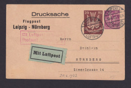Deutsches Reich Privatganzsache Flugpost Luftpost Leipzig Nürnberg Ab Leipzog - Storia Postale