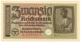 20 REICHSMARK OCCUPAZIONE TEDESCA ITALIA REICHSKREDITKASSEN 1943 QFDS - Occupazione Alleata Seconda Guerra Mondiale