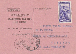 AVVISO RICEVIMENTO 1952 20 TIMBRO VITERBO (XT3692 - 1946-60: Marcofilia