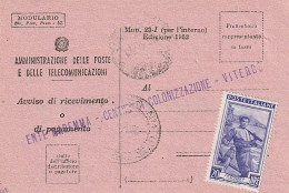 AVVISO RICEVIMENTO 1953 20 TIMBRO VITERBO (XT3685 - 1946-60: Storia Postale