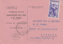 AVVISO RICEVIMENTO 1953 20 TIMBRO VITERBO (XT3690 - 1946-60: Marcofilie