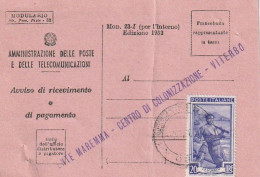 AVVISO RICEVIMENTO 1953 L.20 (XT3676 - 1946-60: Marcofilie