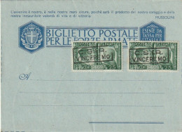 INTERO BIGLIETTO POSTALE CON 2X25 FRATELLANZA TIMBRO CSIR VINCEREMO  (XT3644 - Interi Postali