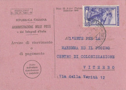 AVVISO RICEVIMENTO 1952 20 TIMBRO VITERBO (XT3745 - 1946-60: Storia Postale