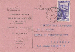 AVVISO RICEVIMENTO 1952 20 TIMBRO VITERBO (XT3744 - 1946-60: Marcophilie