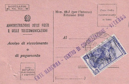 AVVISO RICEVIMENTO 1952 20 TIMBRO VITERBO (XT3738 - 1946-60: Poststempel