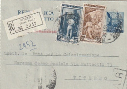 INTERO BIGLIETTO POSTALE 1953 L.25+40+15 RACCOMANDATO TIMBRO VITERBO (XT3737 - Postwaardestukken