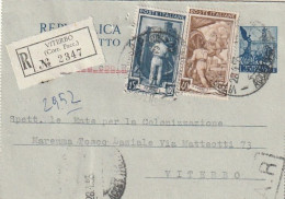 INTERO BIGLIETTO POSTALE 1953 L.25+40+15 RACCOMANDATO TIMBRO VITERBO (XT3737 - Ganzsachen