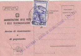 AVVISO RICEVIMENTO 1952 20 TIMBRO VITERBO (XT3733 - 1946-60: Marcophilie