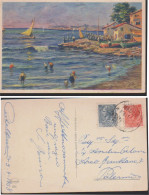 CARTOLINA : PAESAGGI - Graziosa Carta Fantasy Italiana Spiaggia Con Bagnanti - Ediz. Cecami .1958. - Otros & Sin Clasificación