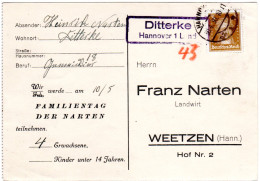 DR 1930, Landpoststpl. DITTERKE Hannover I Land Auf Drucksache Karte M. 3 Pf. - Autres & Non Classés