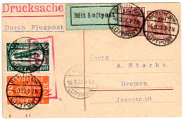 DR 1922, 10+40 Pf. Flugpost Auf Ganzsache M Zusatzfr. Pr. Luftpost Berlin-Bremen - Covers & Documents