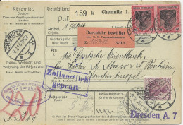 DR 1916, Paketkarte V. Chemnitz M. Österreich Durchfuhrbewilligung I.d. Türkei. - Covers & Documents