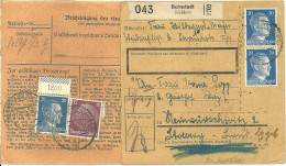 DR 1942, 3x20+15 Pf. Vorder- U. Rücks. Auf Schlesien Paketkarte V. BERNSTADT - Storia Postale