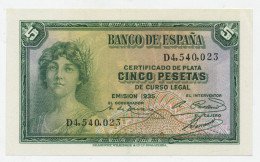 SPAIN, ESPAÑA - 5 Pesetas 1935. P85, UNC. (S004) - 5 Peseten