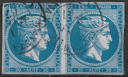 GREECE 1862-67 Large Hermes Head Consecutive Athens Prints 20 L Sky Blue In Nice Pair Vl. 32 A / H 19 A - Oblitérés