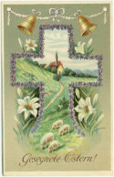 AK Feine Prägekarte Ostern Glocken Schafe Kreuz   (2697 - Ostern