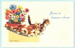 AVEC DESCRIPTIF RARE FANTAISIE MIGNONNETTE NON DENTELEE ILLUSTRATEUR SIGNE JEAN PARIS THEME ANIMAUX ATTELAGE CHATS FLEUR - Andere & Zonder Classificatie