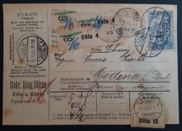 Deutsches Reich. 1905. Paketkarte Cöln-Modena (Italien). MiF MiNr 71(2) Und 82A(2). Perfin GBS (Gebr. Bing Söhne). - Brieven En Documenten