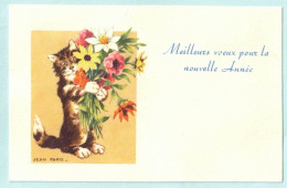 AVEC DESCRIPTIF RARE FANTAISIE MIGNONNETTE NON DENTELEE ILLUSTRATEUR SIGNE JEAN PARIS THEME ANIMAUX CHAT BOUQUET FLEURS - Autres & Non Classés