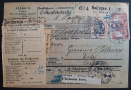 Deutsches Reich. 1912. Paketkarte Solingen-Italien. MiF MiNr 85I(2), 89I, 90I(2), 94AI. - Storia Postale