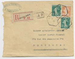 SEMEUSE 30C ORANGE +5CX2 LETTRE REC AR C. HEX PERPIGNAN AA 1918 PYRENEES ORIENTALES - 1877-1920: Période Semi Moderne