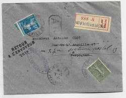 FRANCE SEMEUSE 15C+25C LETTRE REC AR PERPIGNAN 1919 POUR PERPIGNAN RETOUR ENVOYEUR 2818 - 1921-1960: Modern Period