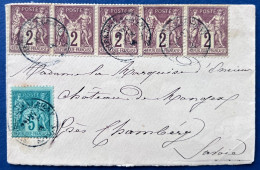 Petite Lettre De SAVOIE Sage N°85 Bande De 5 + N°76 Oblitérés Dateur Bleu/vert De " St Pierre D'Albigny " RR - 1876-1898 Sage (Type II)