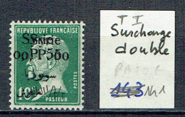 143 Syrie  Pasteur 10 C. Vert Type I Double Surcharge Petites Adhérences - Ungebraucht