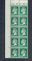 16 Algérie  Pasteur 10 C. Vert Bloc De 10 Haut De Feuille Gauche Luxe - Unused Stamps