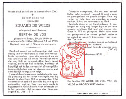 DP Eduard De Wilde 55j. ° Sinaai 1910 † Sint-Niklaas 1965 X Bertha De Vos // Vandevelde Broeckaert - Images Religieuses