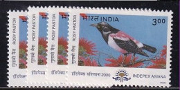 Lot Of 4, India MNH 2000, , Indepex Asiana, Migratory Birds, Bird,  Rosy Pastor - Sonstige & Ohne Zuordnung