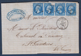 Napoléon  N° 22 Bande De 4 Oblitérés GC 4317 Sur Lettre De Voiron - 1862 Napoléon III.