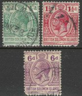 British Solomon Islands. 1922-31 KGV. ½d, 1½d, 6d Used. Script CA W/M SG 39, 72, 47. M5019 - Salomonen (...-1978)