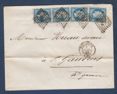 Napoléon  N° 14A X De 4 Oblitérés PC 3383 Sur Enveloppe De Toulouse - 1853-1860 Napoleon III