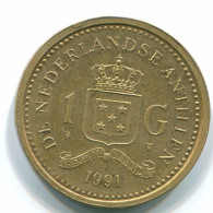 1 GULDEN 1991 NETHERLANDS ANTILLES Aureate Steel Colonial Coin #S12134.U.A - Niederländische Antillen