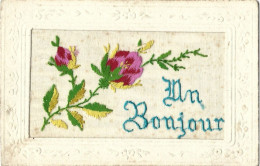 CARTE BRODEE - Un Bonjour - Fleurs - Embroidered