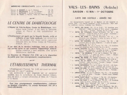 VALS LES BAINS Ardèche . Liste Des Hôtels Camping , Médecins ...Saison 1963 . - Dépliants Turistici