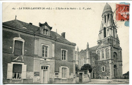 CPA Voyagé 1917 ? * LA TOUR LANDRY L'Église Et La Mairie ( Plaque Publicité BYRRH ) L.V. Photo - Otros & Sin Clasificación