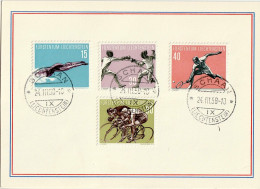 Liechtenstein 1958: Sport V Zu 309-312 Mi 365-368 Yv 327-330 Auf Karte Mit ⊙ SCHAAN 24.III.58  (Zu CHF 30.00 >> 55.00) - Lettres & Documents