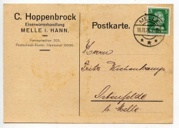 Germany 1926 Postcard; Melle - C. Hoppenbrock, Eisenwarenhandlung To Ostenfelde; 5pf. Friedrich Von Schiller - Covers & Documents