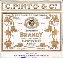 Brandy Label, Portugal - Superior Brandy C. PINTO & Cª. Lisboa - Alcoholes Y Licores