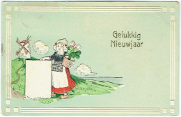 Carte Gaufrée. Illustrateur. Jeune Hollandaise, Fleurs & Moulin. Gelukkig Nieuwjaar. - New Year