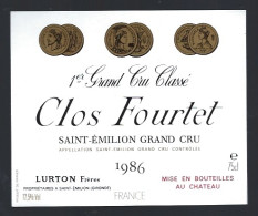 Etiquette Vin Chateau  Clos Fourtet 1er Grand Cru Classé  Saint Emilion Grand Cru 1986 Lurton Freres  Propriétaire - Bordeaux