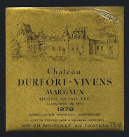 Etiquette Vin Chateau  Dufort Vivens  Second Grand Cru Margaux  1978  L Lurton    Propriétaire - Bordeaux