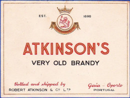 Brandy Label, Portugal - ATKINSON'S Very Old Brandy -|- Robert Atkinson. Gaia, Oporto - Alcoli E Liquori